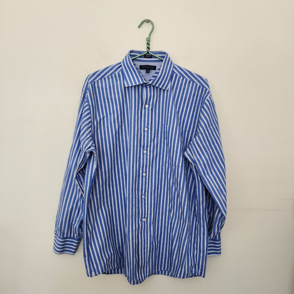 Tommy Hilfiger Mens XL Regular Fit Blue White Striped Button Down Shirt 17 34-35